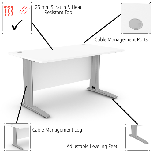Komo Desk with cable manegment leg, white top and silver leg and cabnle managemnet ports